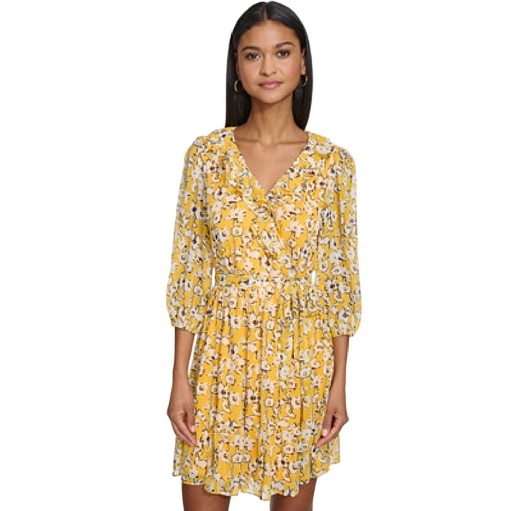 Karl Lagerfeld Paris‎ Yellow Floral Ruffle V-Neck Mini Dress Size 8